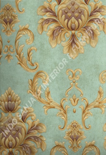 wallpaper MELBOURNE:HR-16126 corak Klasik / Batik (Damask) warna Biru ,Coklat