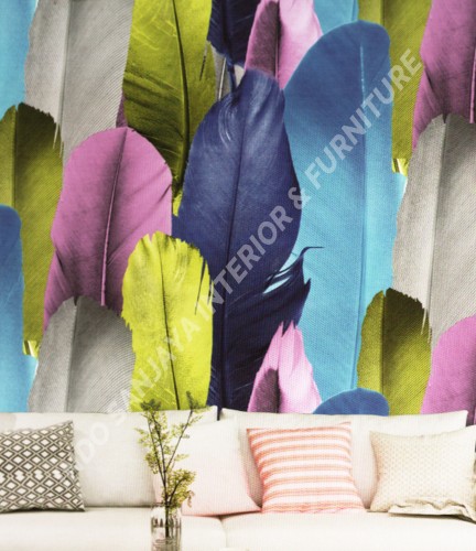 wallpaper Cozy House:CZZ-549-1 corak Daun - Daunan warna Kuning ,Hijau ,Biru